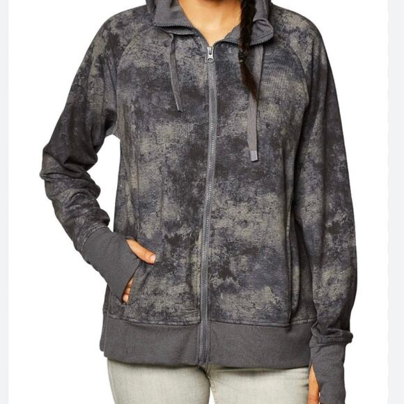 Danskin Grey Tie Dye Marble Print Collar Zip Hooded Athletic Jacket Sweater Top - Picture 2 of 7